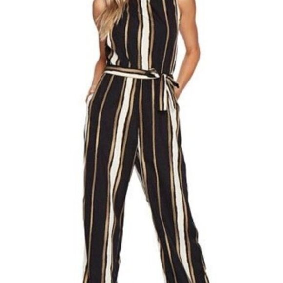 ✨ Bishop + Young Striped Jumpsuit - M - Effortless Chic in Black, Gold & Tan ✨ - Picture 2 of 6